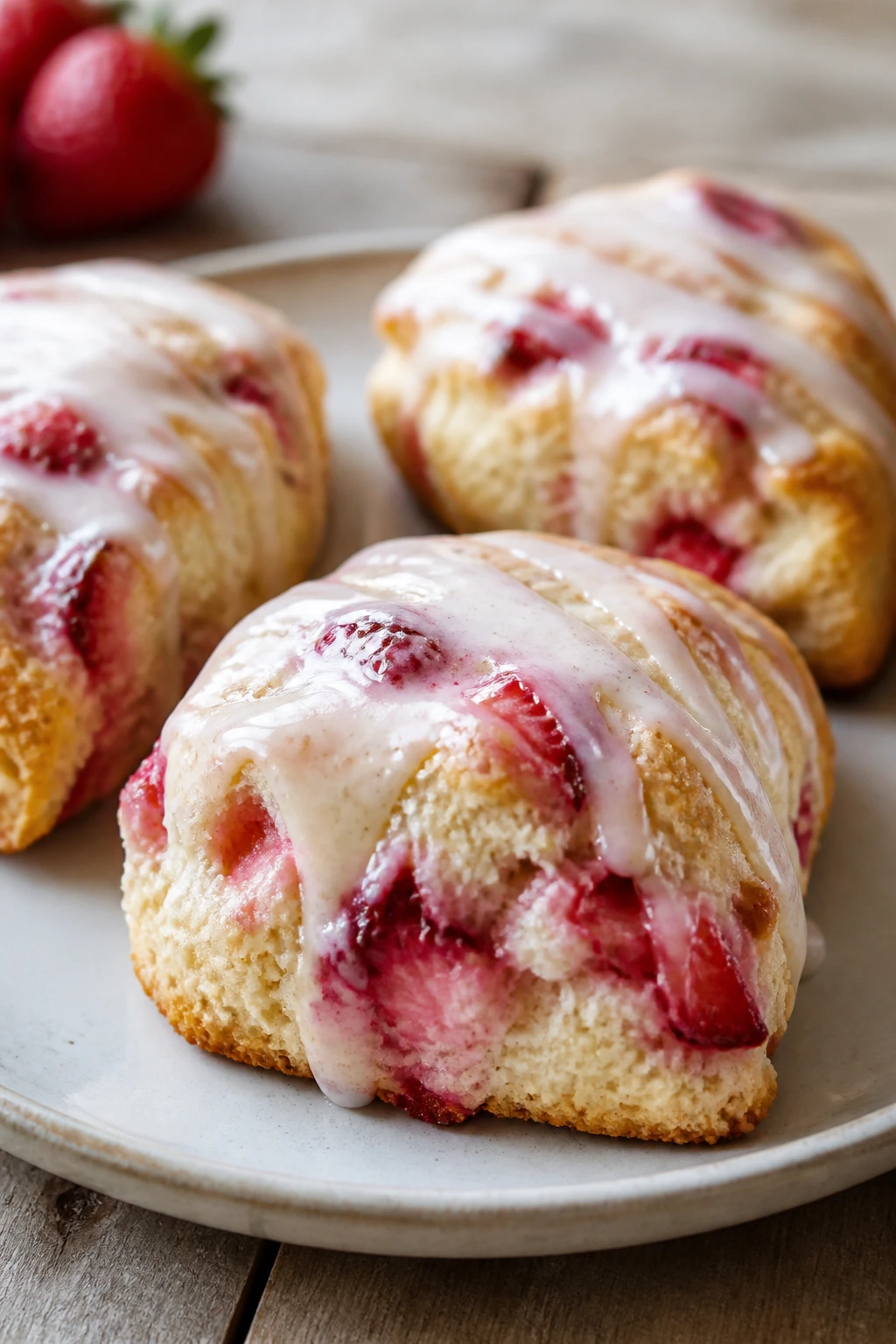 Close-up of strawberry scones with vanilla glaze on a plate