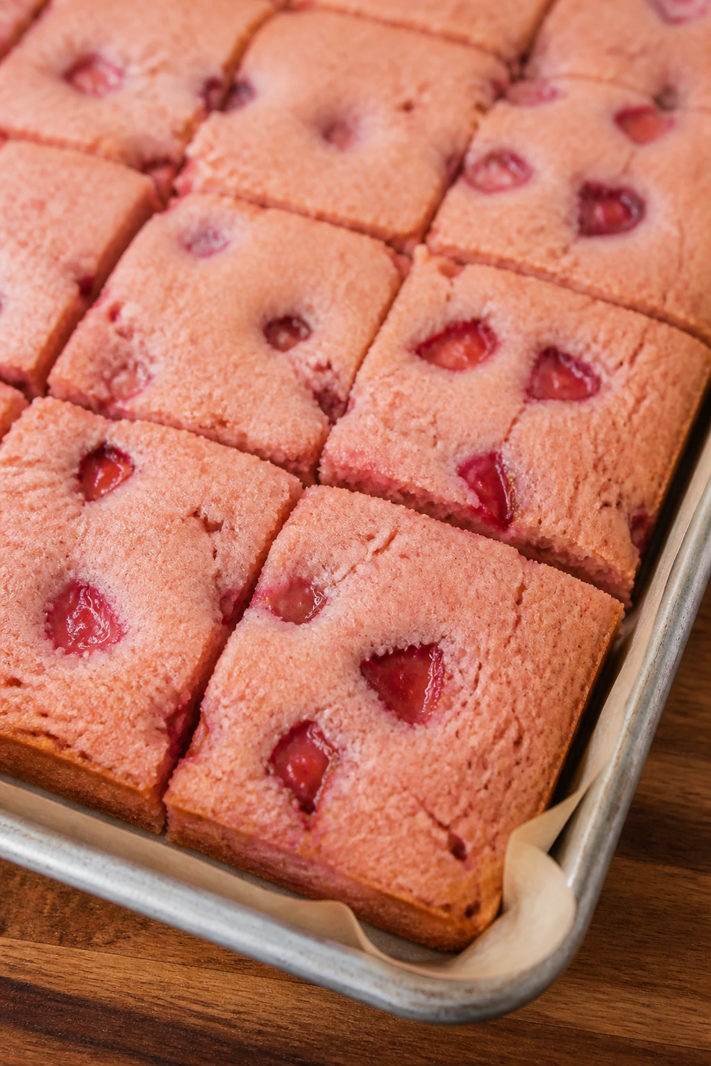 Strawberry sheet pan cake cut into squares on a pan.