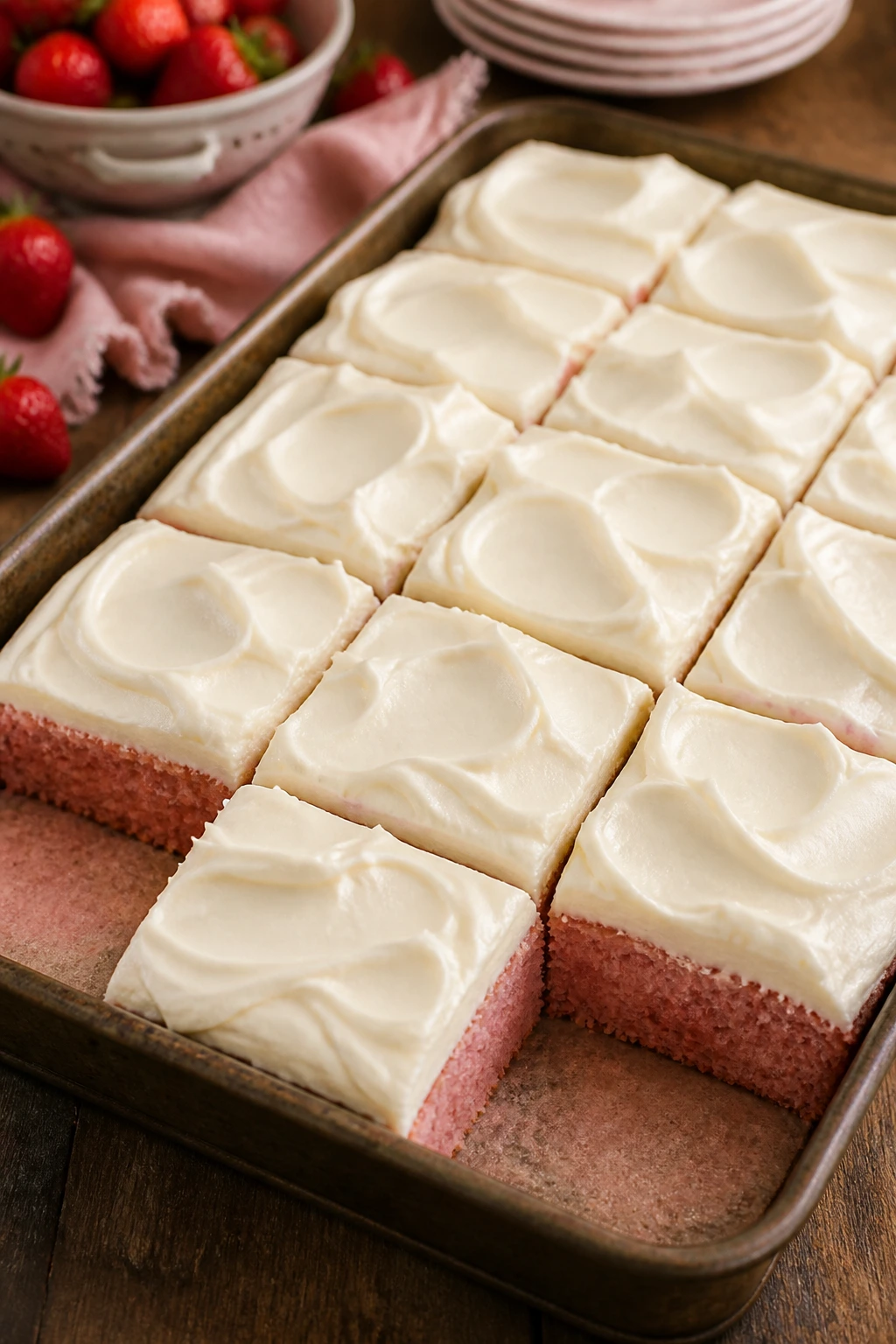 Close-up of pale pink strawberry sheet cake squares with thick cream cheese frosting