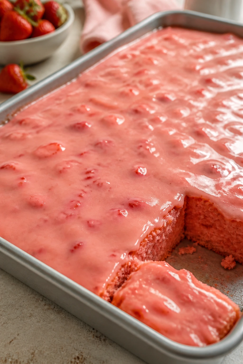 Strawberry sheet cake with glossy glaze in a 9x13 pan on a kitchen counter.
