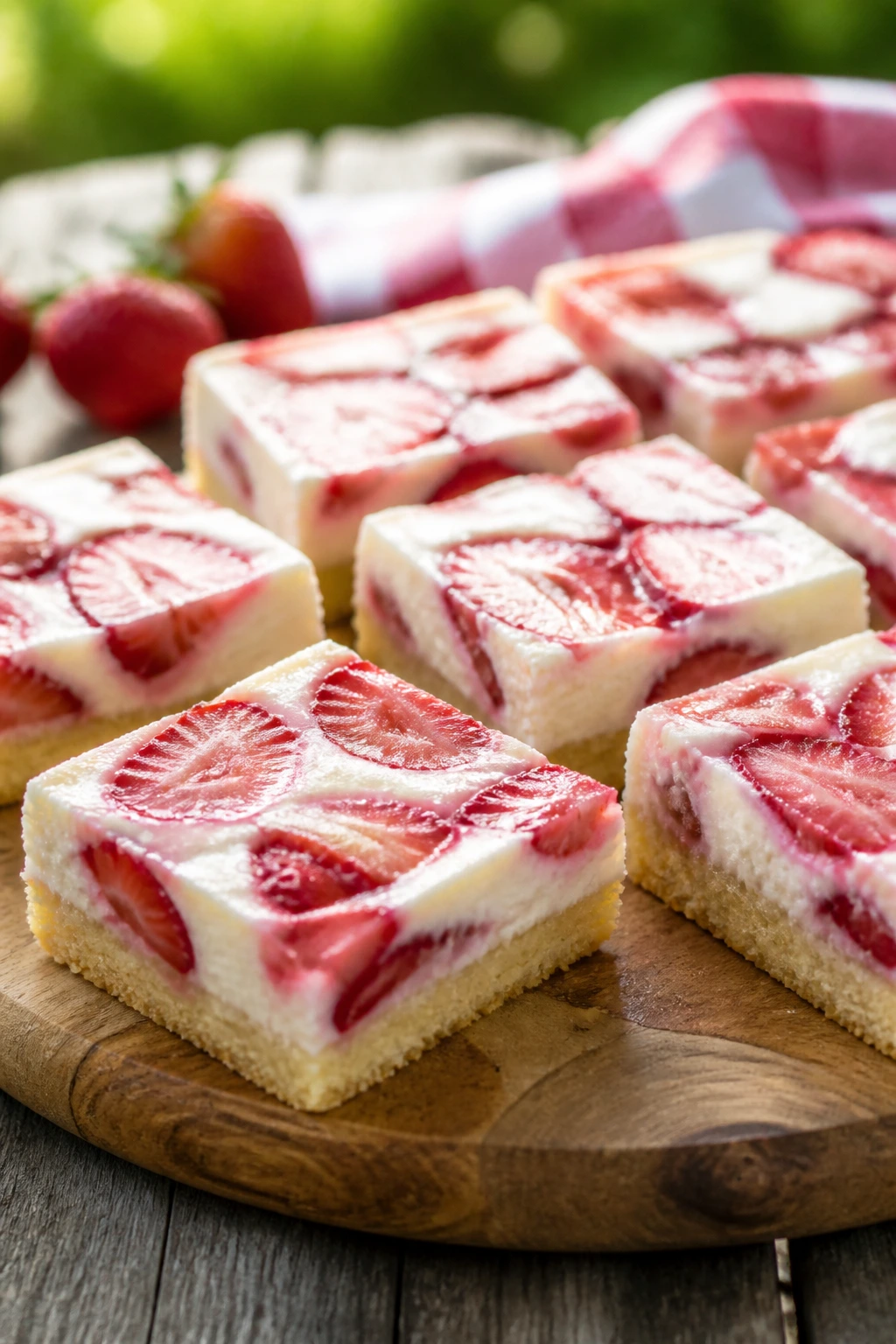 Strawberry shortcake bars on a picnic table