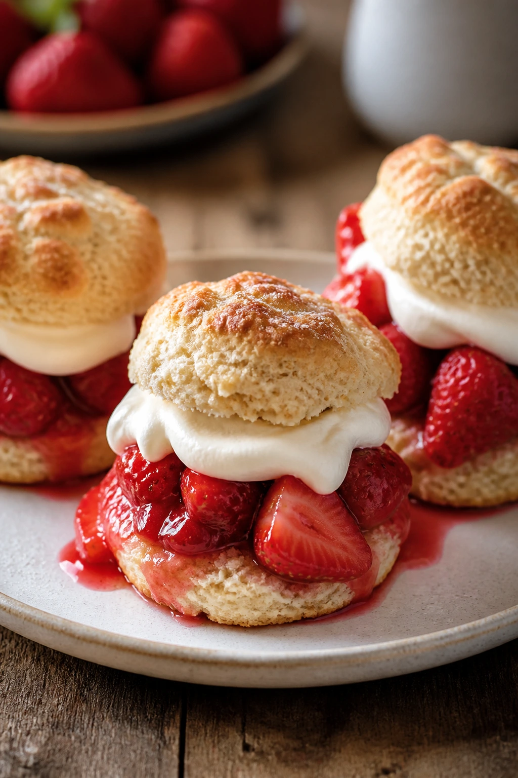 Close-up of strawberry shortcake biscuits with macerated strawberries and cream on plate.