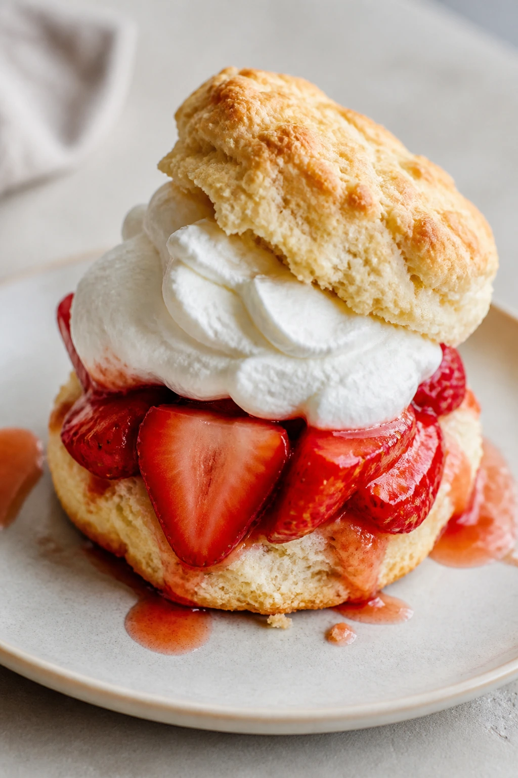 Close-up of a split strawberry shortcake biscuit with berries and cream