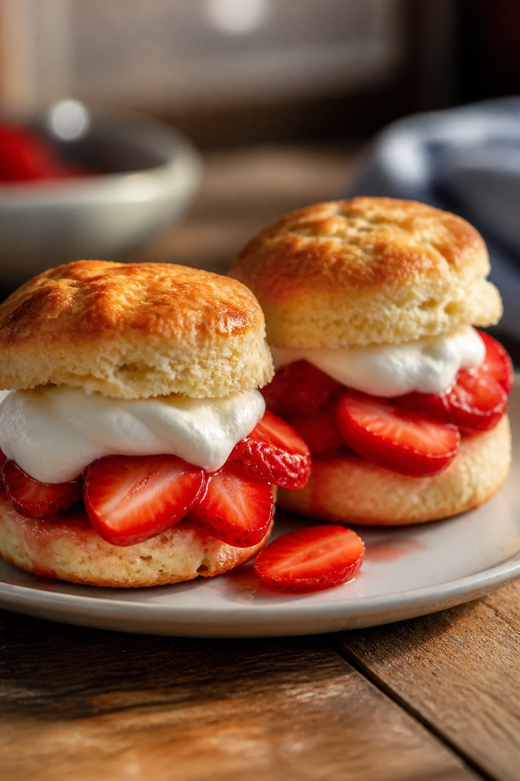 Close-up of strawberry shortcake biscuits with berries and cream on a plate