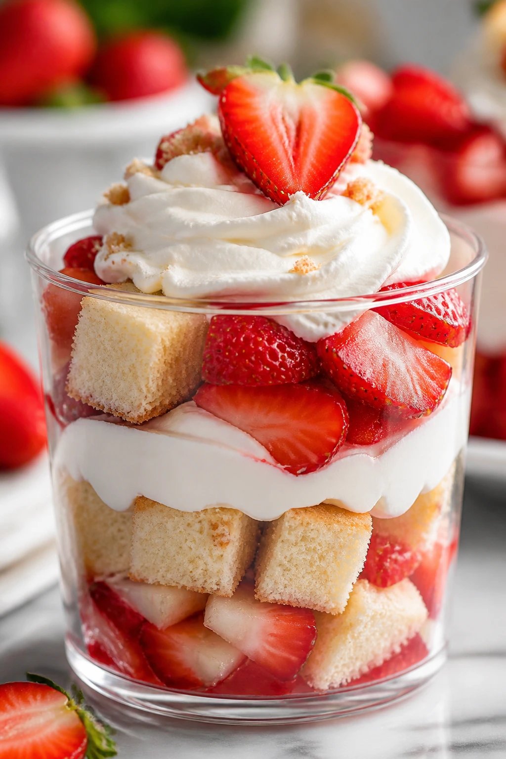 Close-up of a strawberry shortcake cup with visible layers of berries, cake, and whipped cream