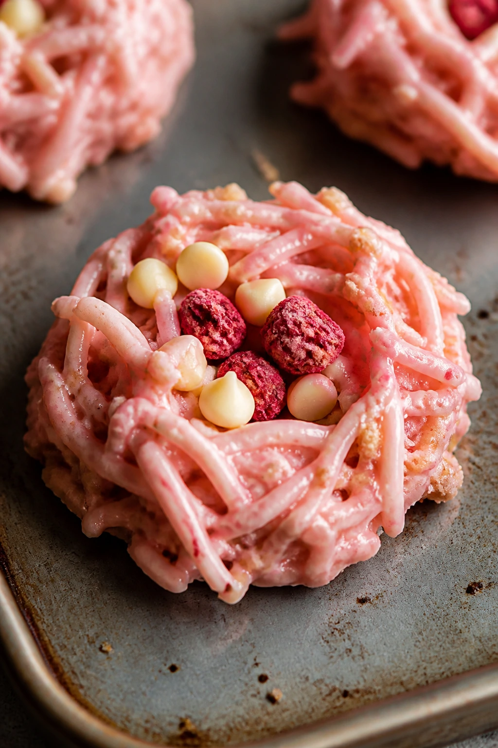 Close-up of a pale-pink nest cookie with freeze-dried strawberries on baking sheet