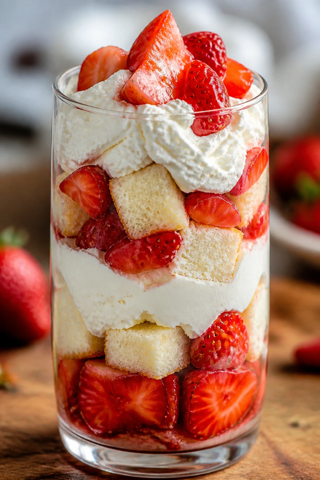 Strawberry shortcake parfait in a glass showing layered ingredients