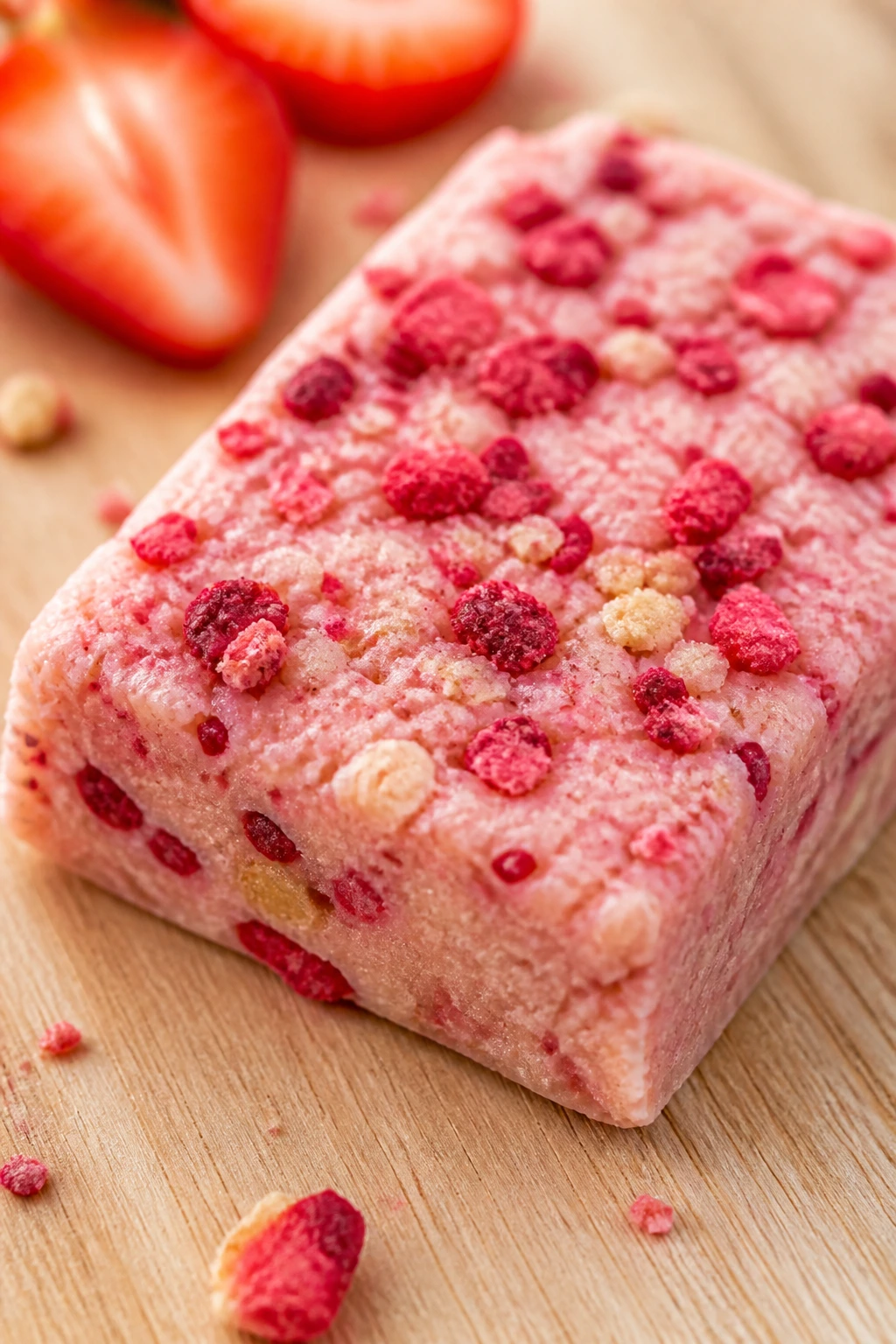Close-up of strawberry shortcake protein bar with freeze-dried strawberry pieces
