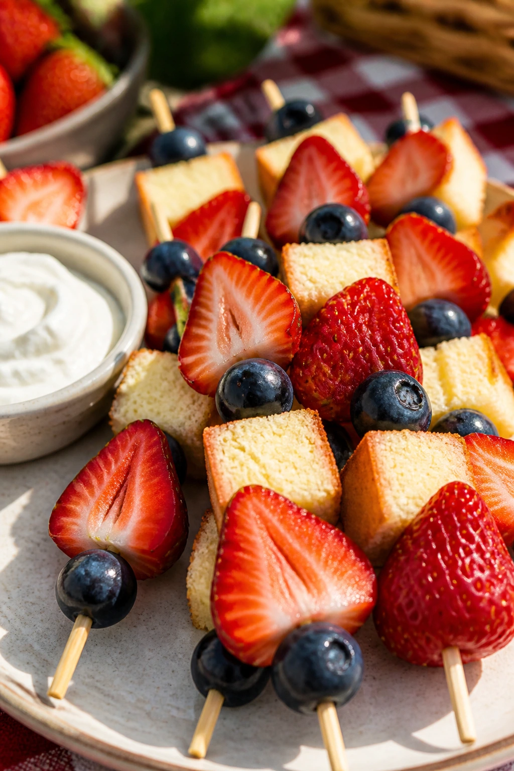 Strawberry shortcake skewers on a plate