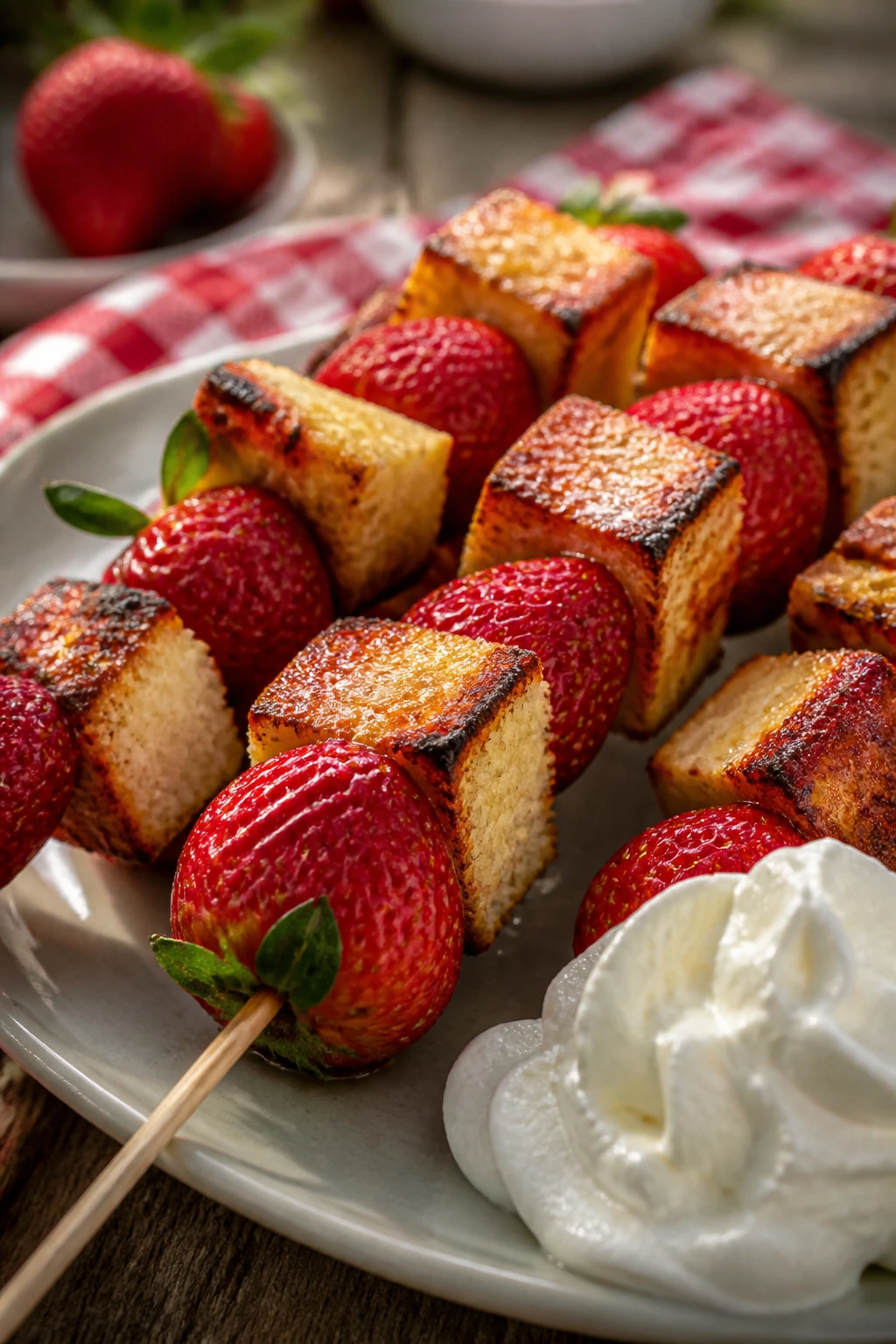 Close-up of strawberry shortcake skewers with cake and berries