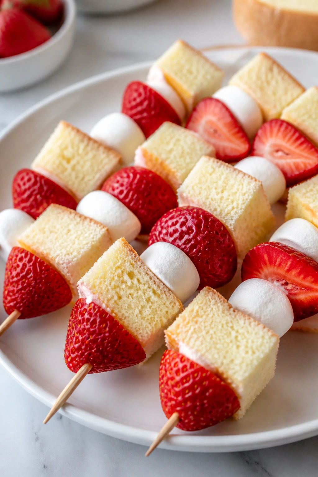 Close-up of strawberry shortcake skewers on a plate