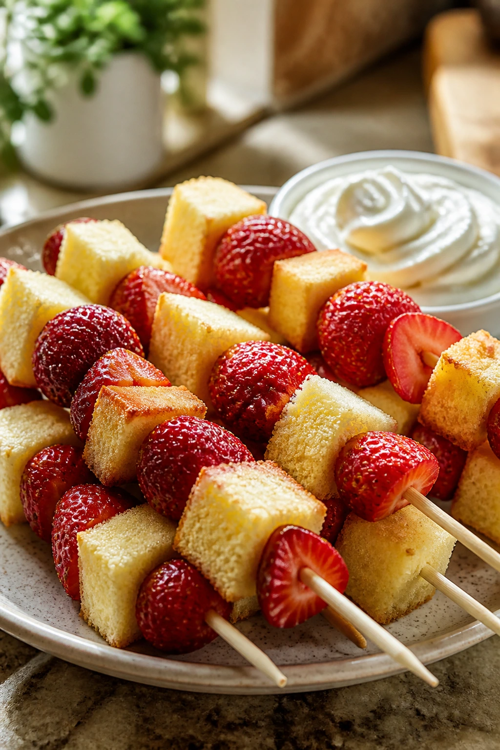 Close-up of strawberry shortcake skewers with cake cubes and strawberries on a warm kitchen counter