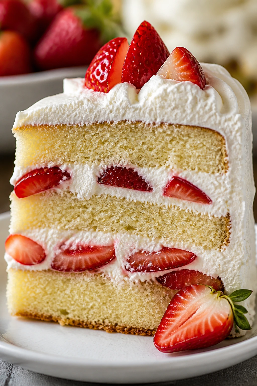 Slice of strawberry shortcake showing vanilla layers, whipped cream, and fruit.