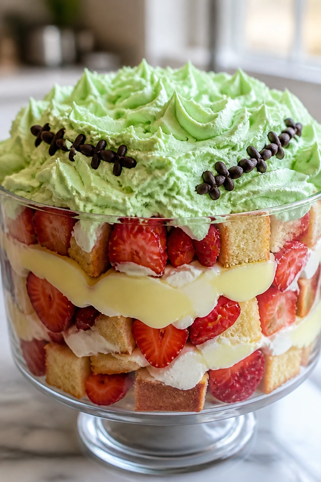 Frankenstein-themed Strawberry Shortcake Trifle with green whipped topping hair and chocolate stitch details.
