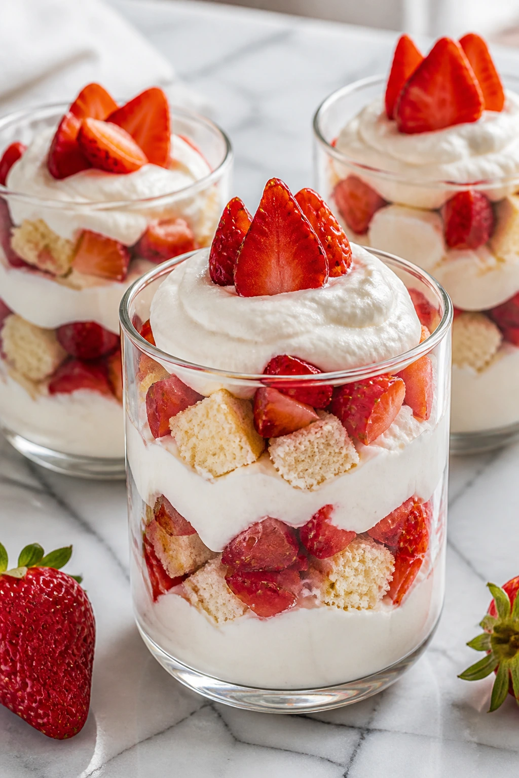 Layered trifles with strawberries and cream in clear glasses