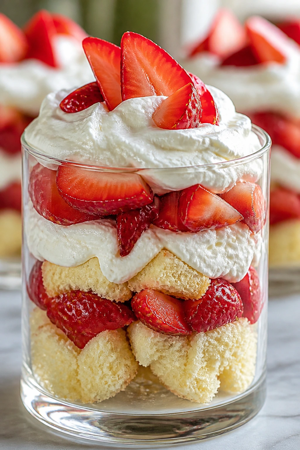 Close-up of strawberry shortcake trifles in a clear glass showing layers