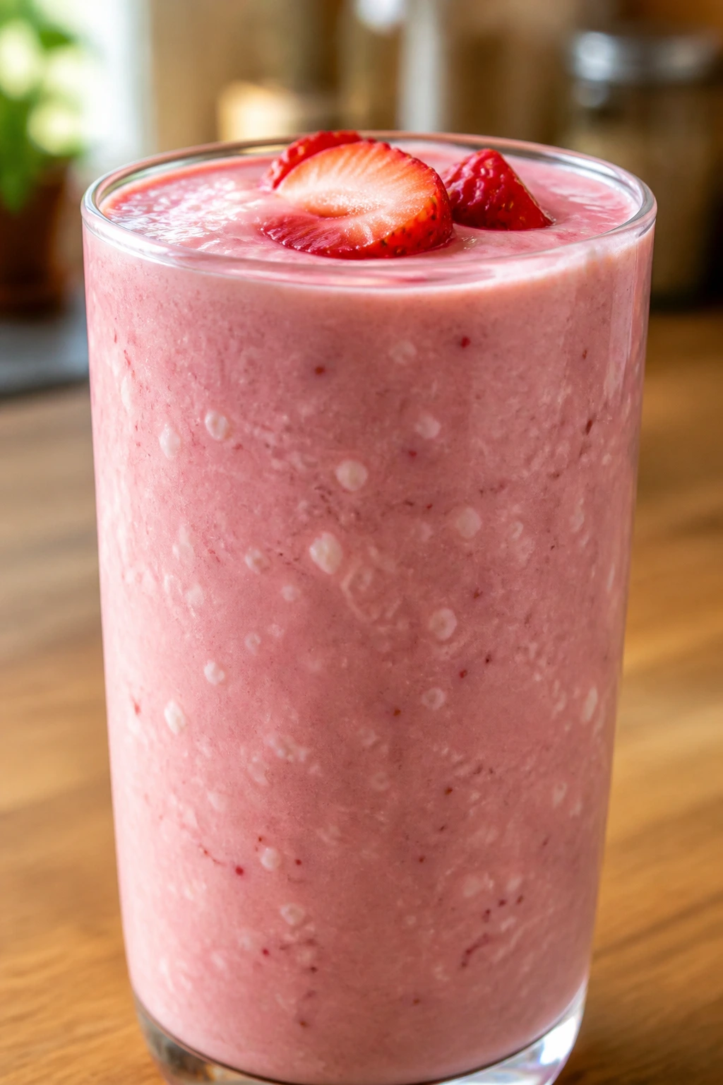 Close-up of thick pink Strawberry Cottage Cheese Smoothie in a glass on a wooden counter