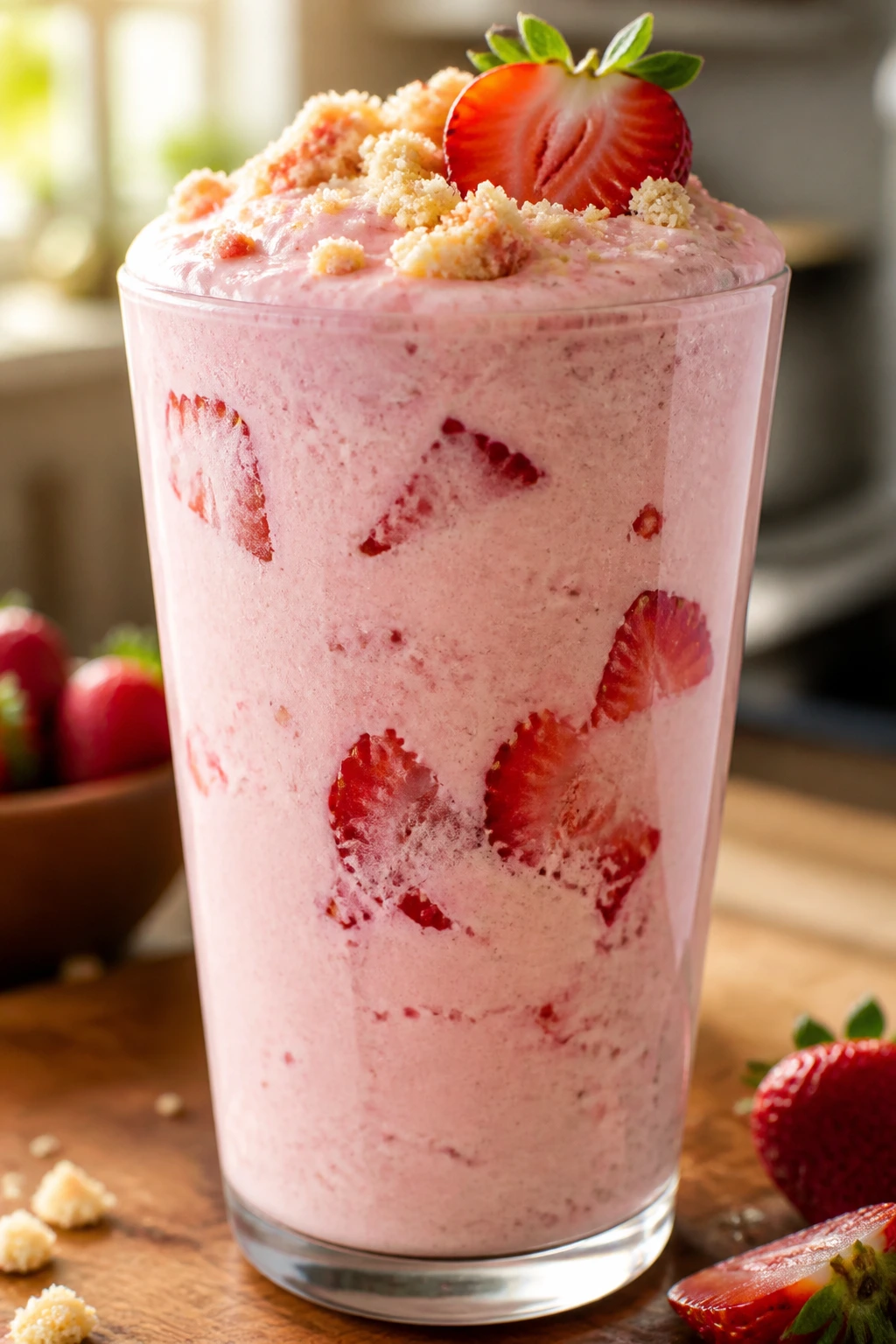Close-up of a strawberry shortcake smoothie in a tall glass on a wooden kitchen counter