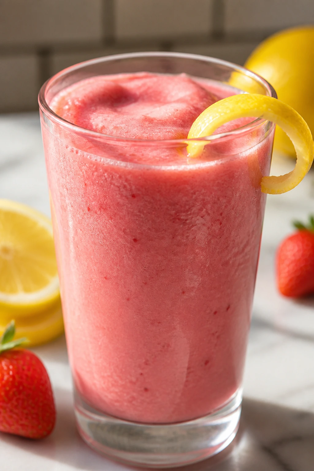 Close-up of strawberry lemonade smoothie in glass with lemon twist on rim