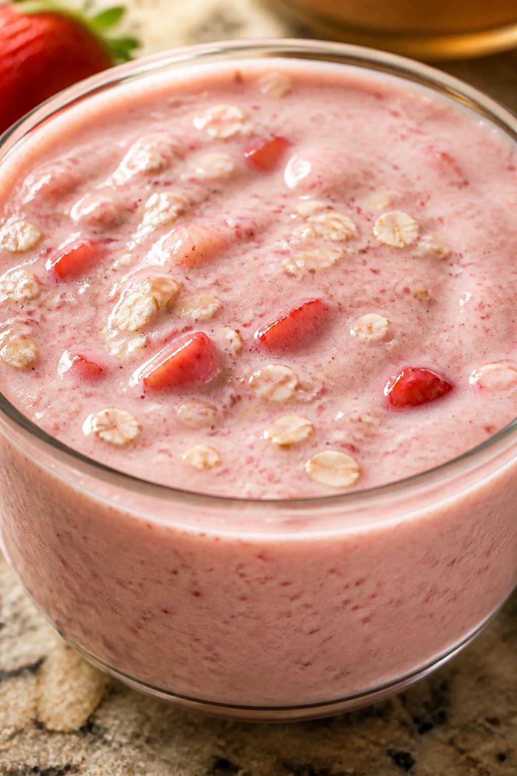 Pink Strawberry Oatmeal Breakfast Smoothie in glass bowl