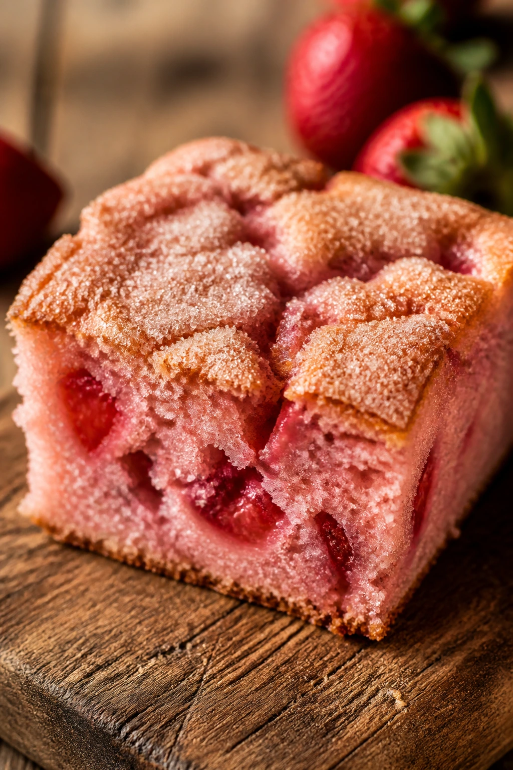Strawberry sour cream cake slice with vanilla sugar top