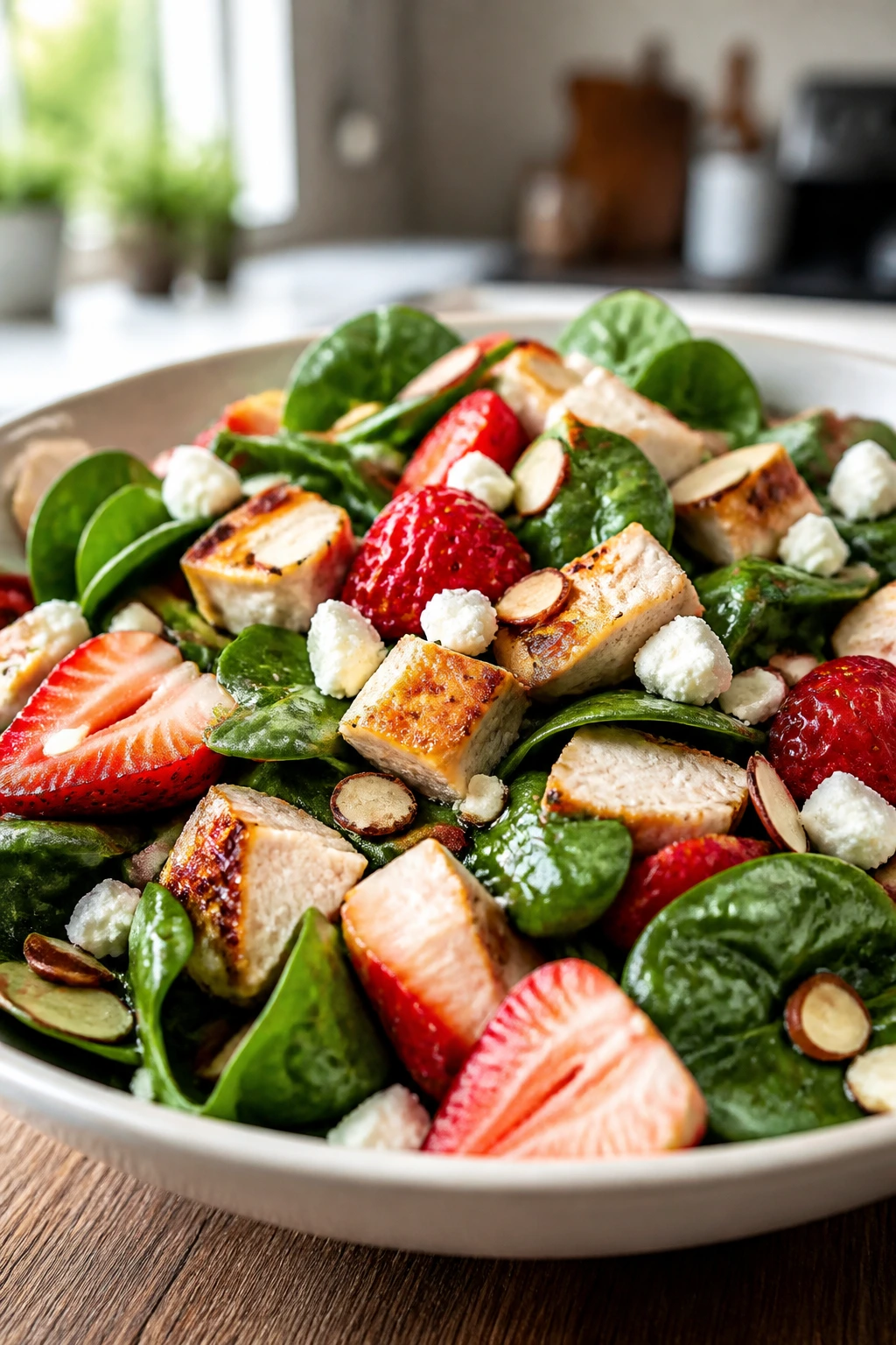 Strawberry spinach chicken salad with feta and almonds in a bowl
