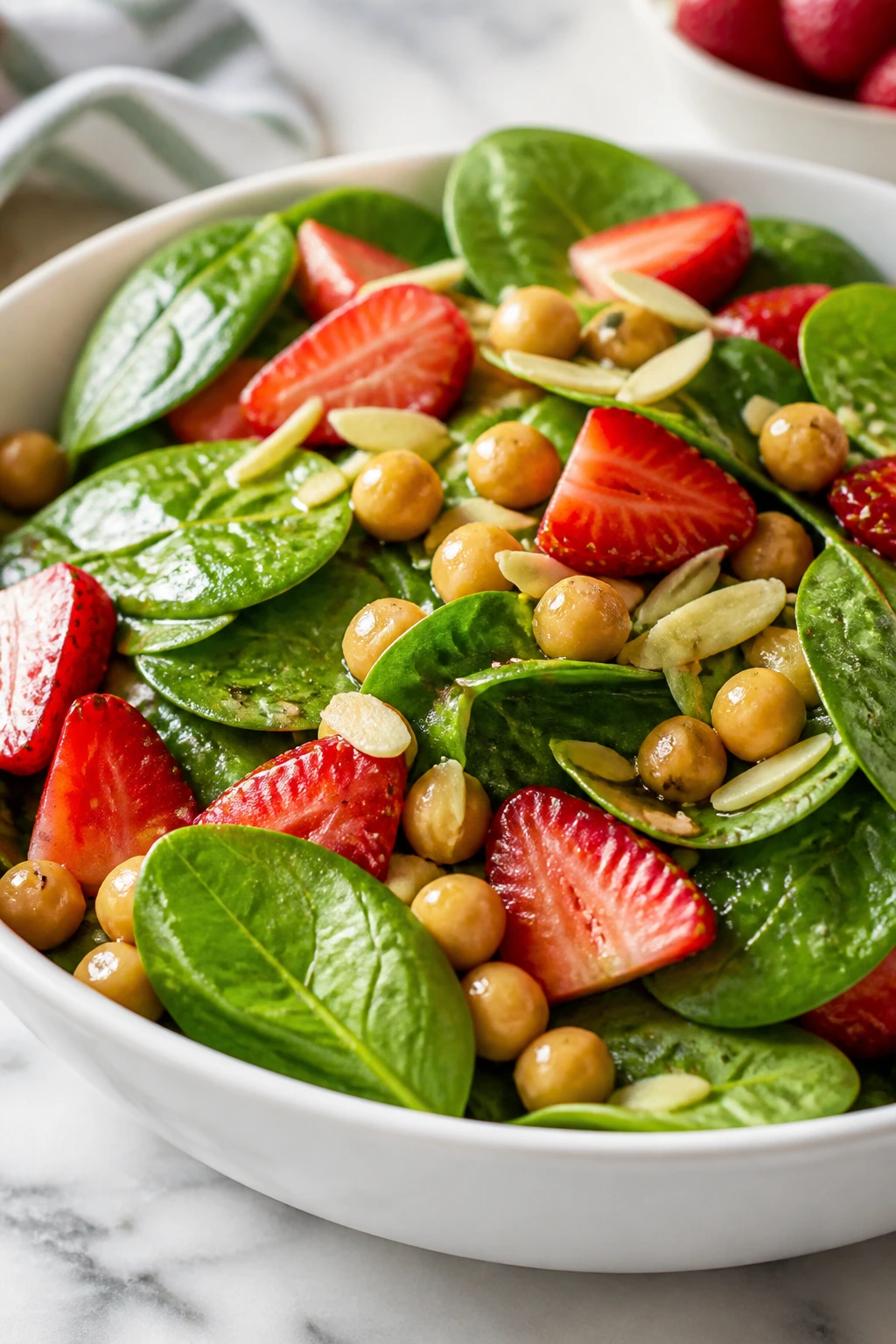 Close-up of Strawberry Spinach Chickpea Salad with spinach, strawberries, and almonds in a bowl