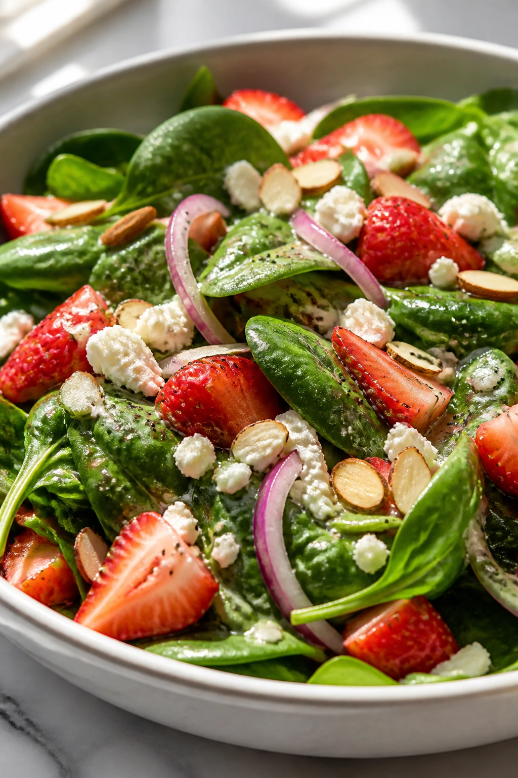 Close-up of strawberry spinach salad with feta and almonds