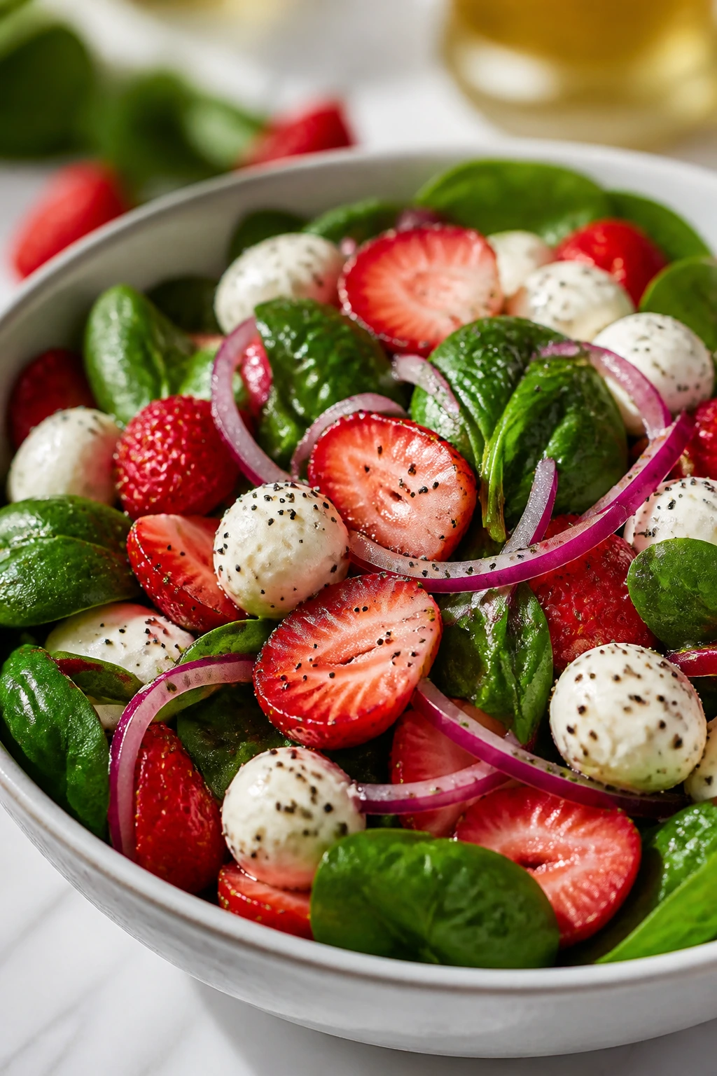 Close-up of Strawberry Spinach Mozzarella Salad with poppy seeds.