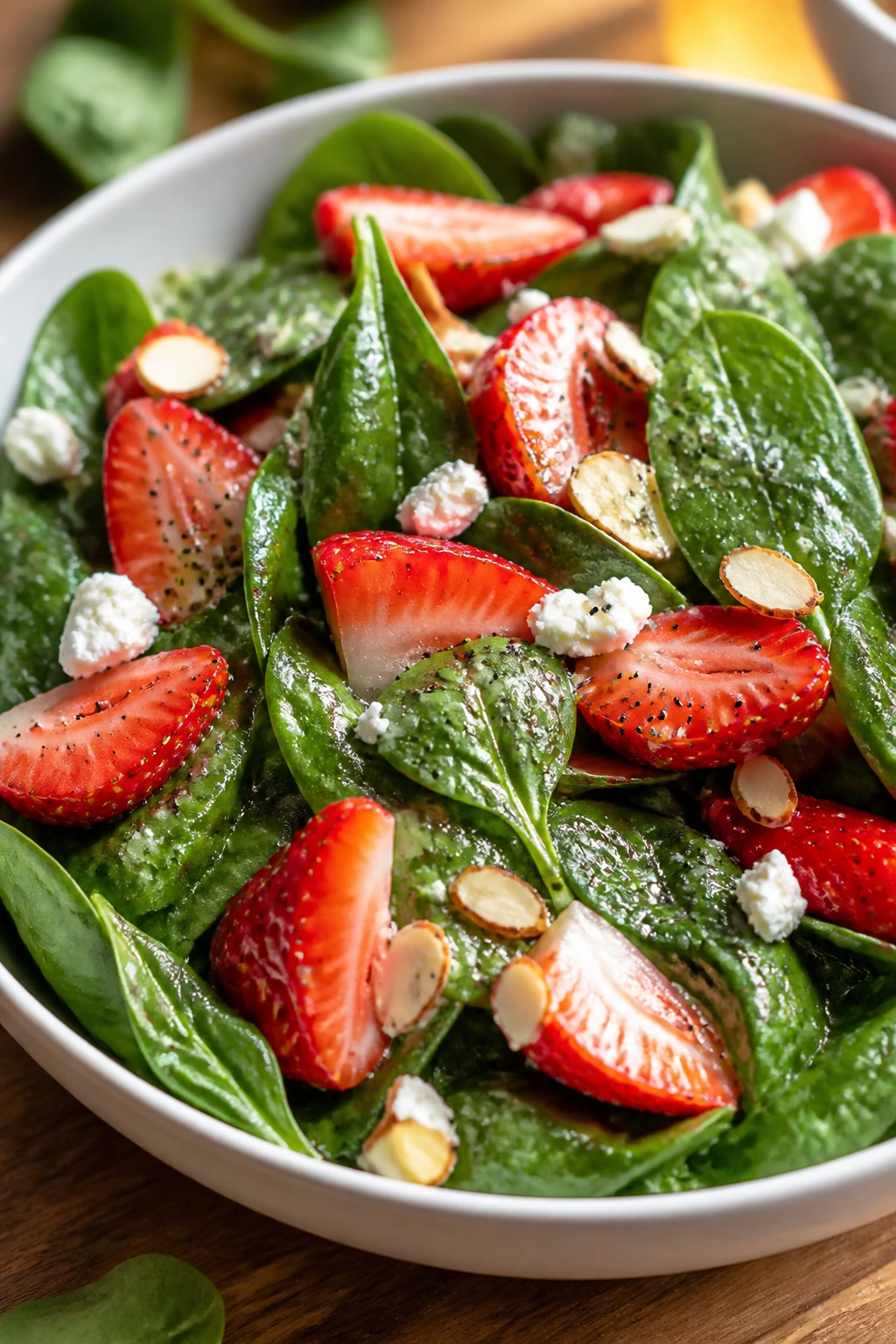 Close-up of strawberry spinach salad with almonds and feta.