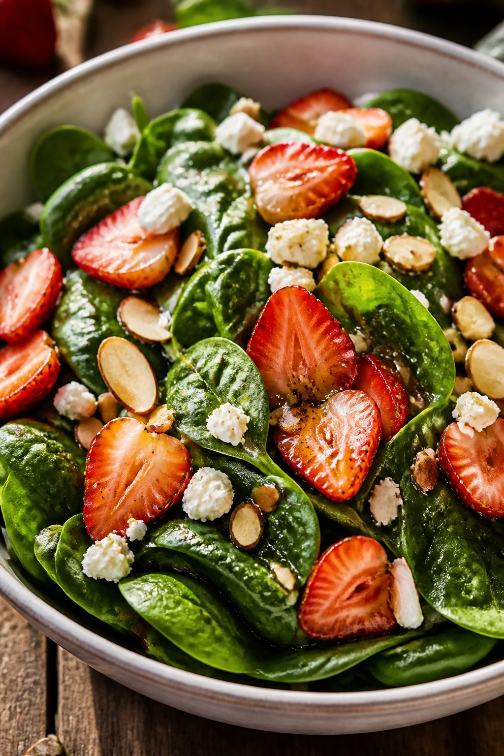 Strawberry spinach salad with almonds and goat cheese