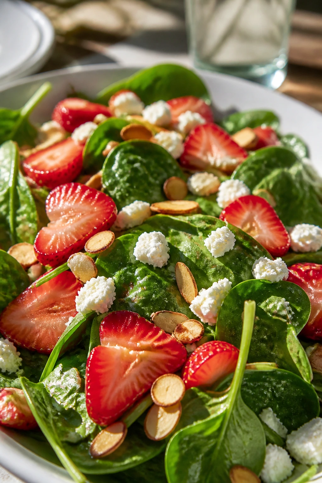 Close-up of Strawberry Spinach Salad with Toasted Almonds with berries and cheese