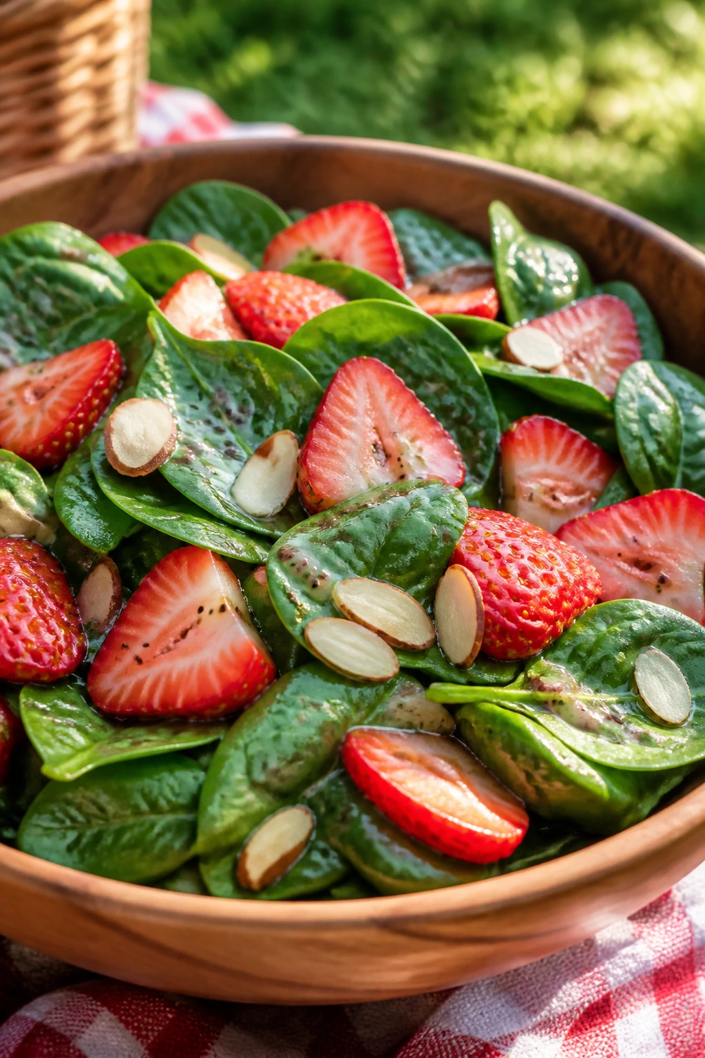 Close-up of strawberry spinach salad with poppy seed dressing in a bowl outdoors