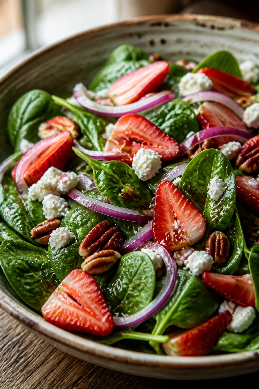 Close-up of Strawberry Spinach Salad with greens, strawberries, onion, cheese, and pecans in a rustic bowl.