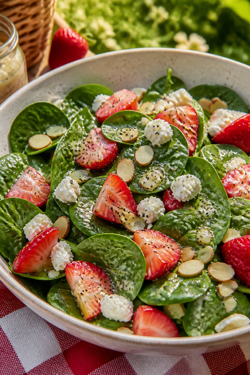 Close-up of strawberry spinach salad on picnic table