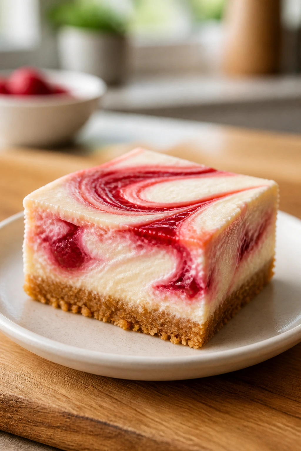 Close-up of strawberry swirl cheesecake bar on plate