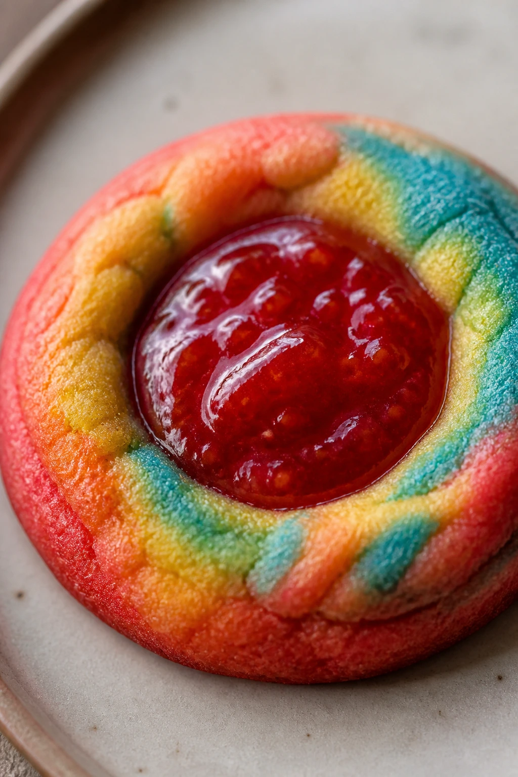 Thumbprint cookie with strawberry jam center and rainbow edge