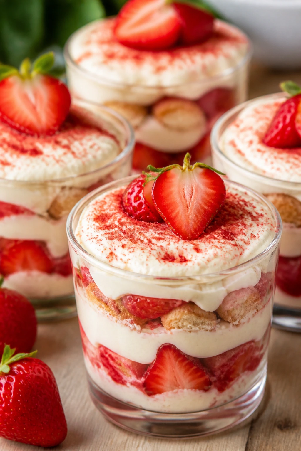 Strawberry tiramisu cups with layered cream and ladyfingers in clear glasses