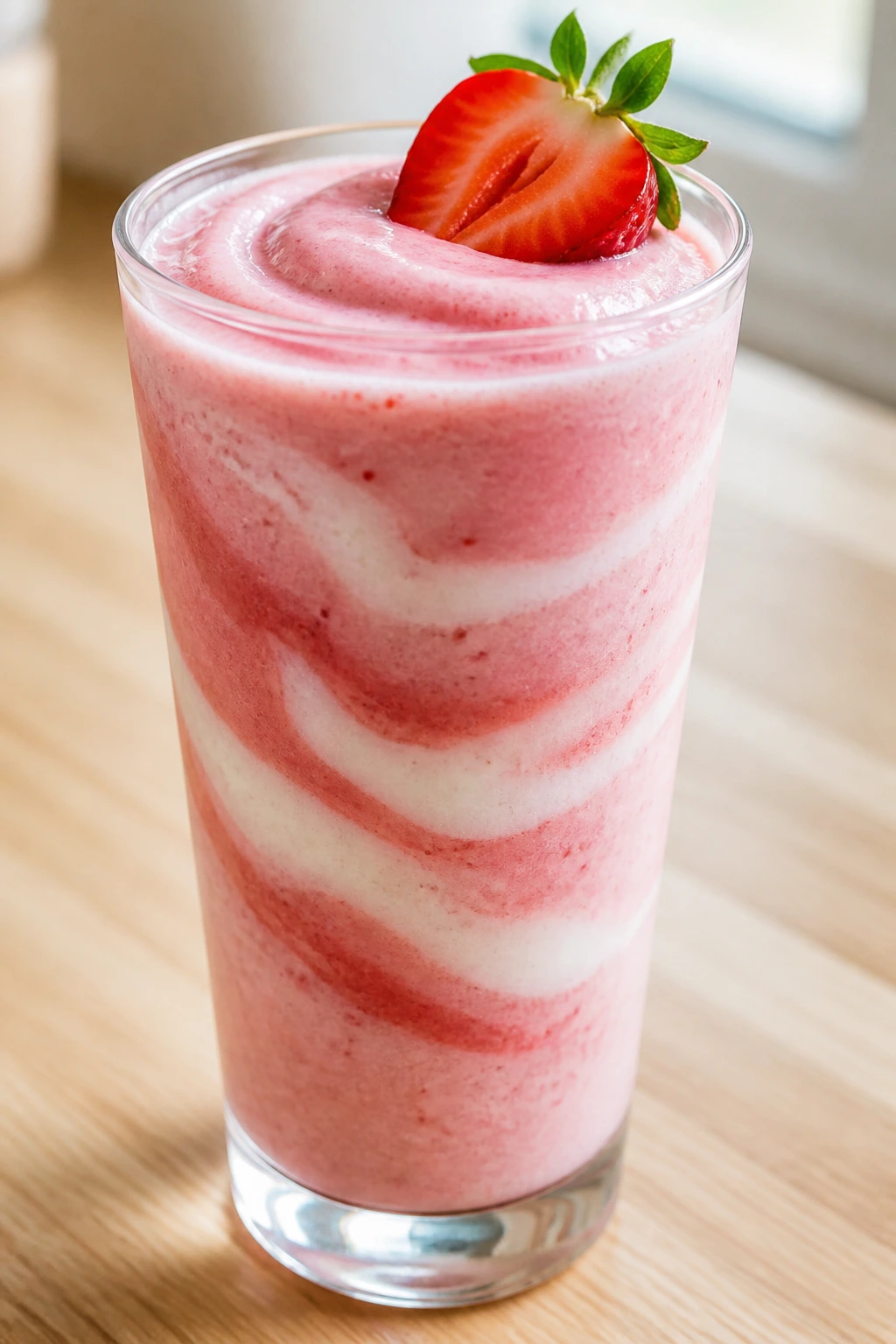 Strawberry vanilla smoothie in a tall glass on a light wooden counter.