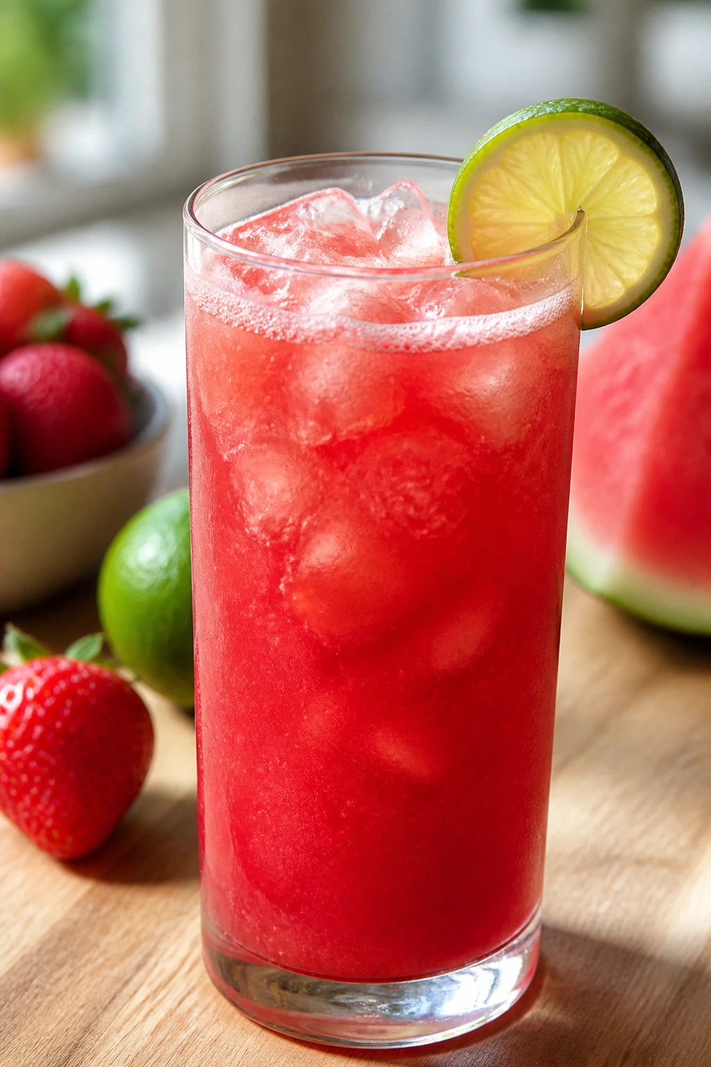Close-up of pink strawberry watermelon lime juice in a glass on a kitchen counter