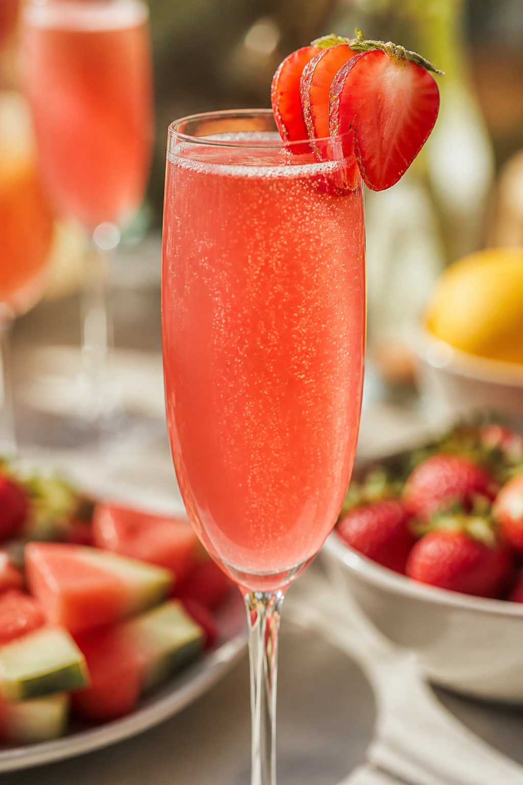 Close-up of Strawberry Watermelon Mimosa in a flute with strawberry garnish