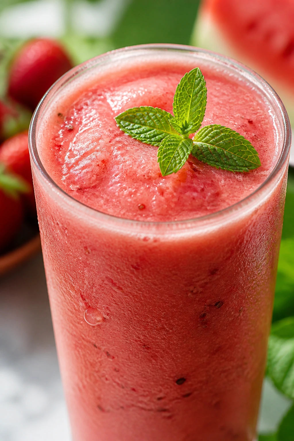 Glass of strawberry watermelon mint smoothie with mint garnish and condensation.