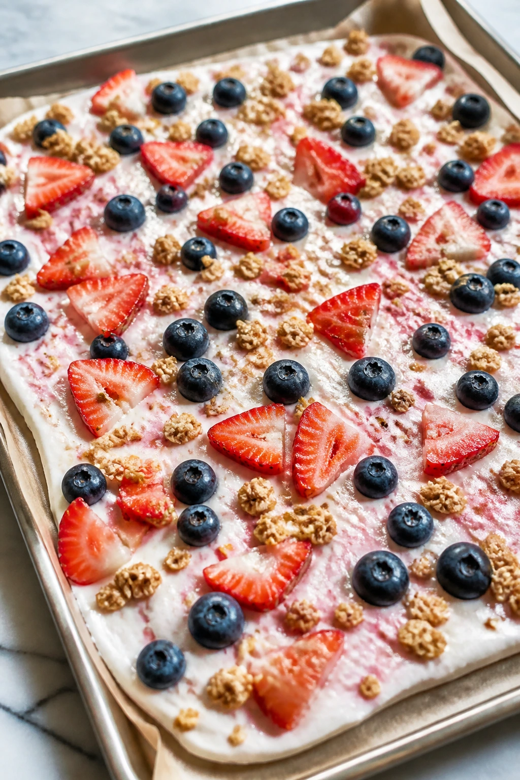 Frozen strawberry yogurt bark with berries and granola on parchment.