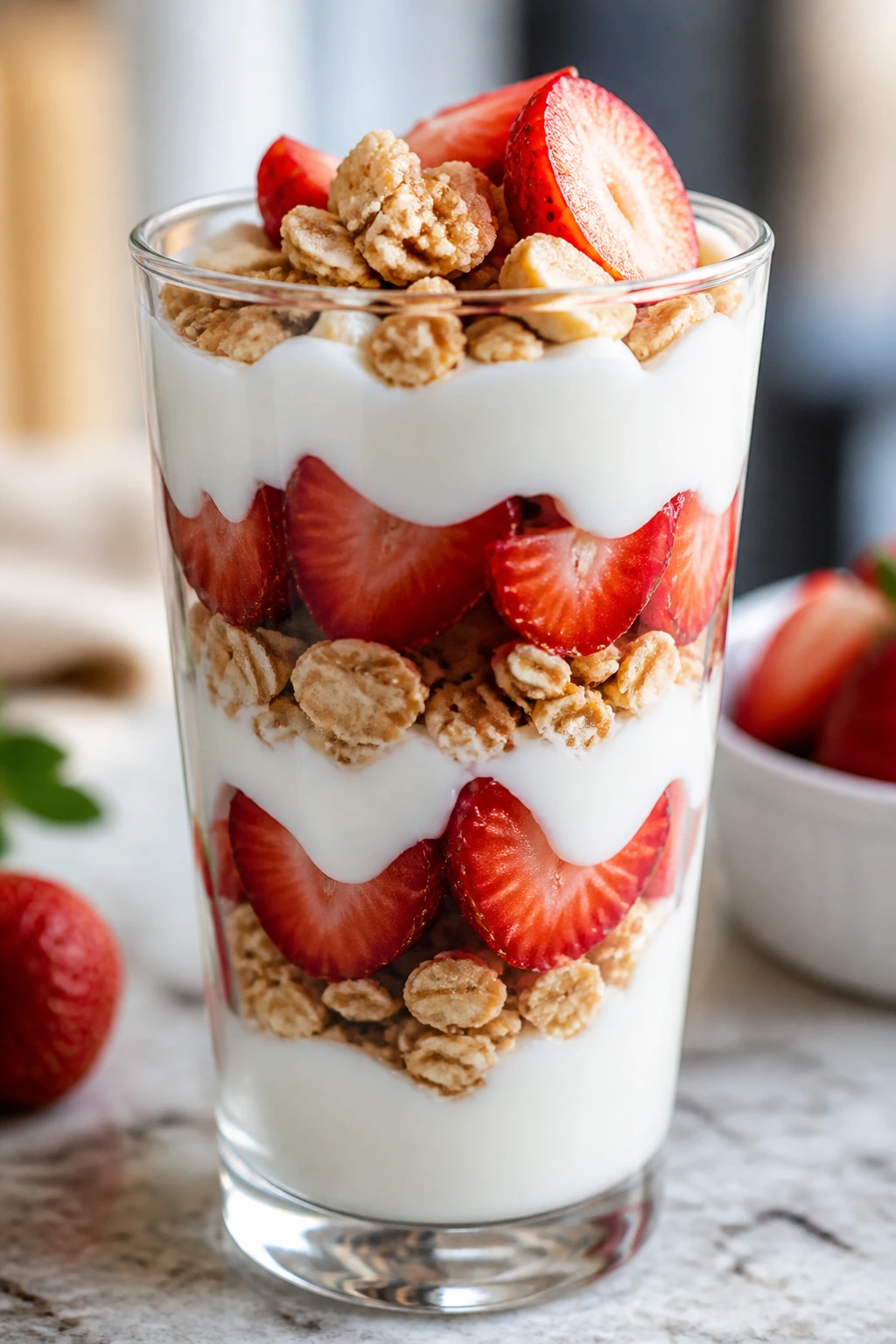 Close-up of a strawberry yogurt parfait in a tall glass