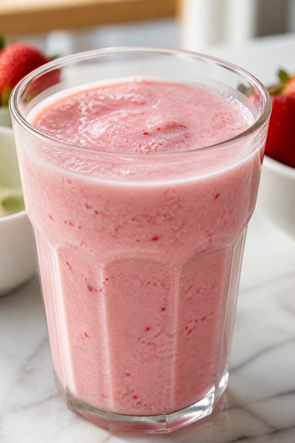 Glass of strawberry yogurt honey smoothie in a bright kitchen