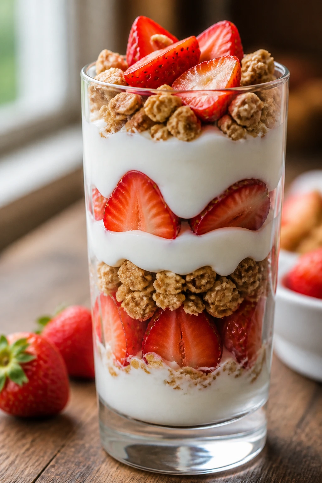Close-up of layered strawberry yogurt parfait in a glass showing yogurt, strawberry, and granola layers