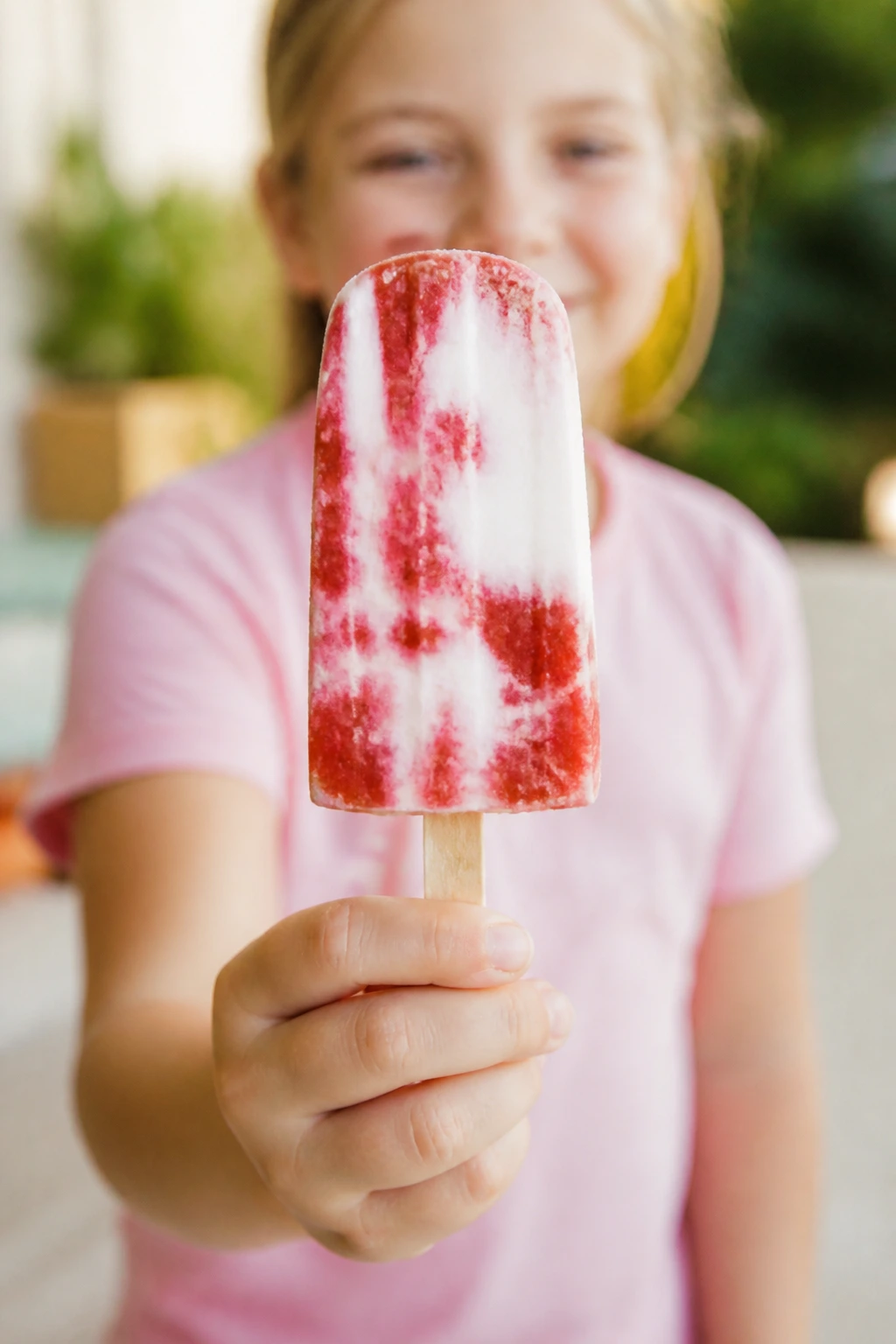 Hand holding strawberry yogurt pop in a sunny kitchen or backyard