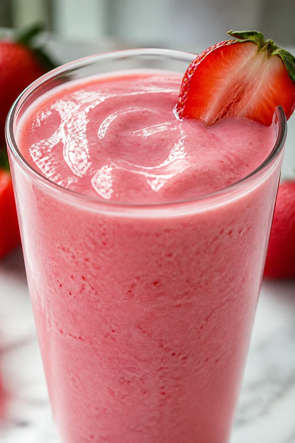Bright pink strawberry yogurt smoothie in glass
