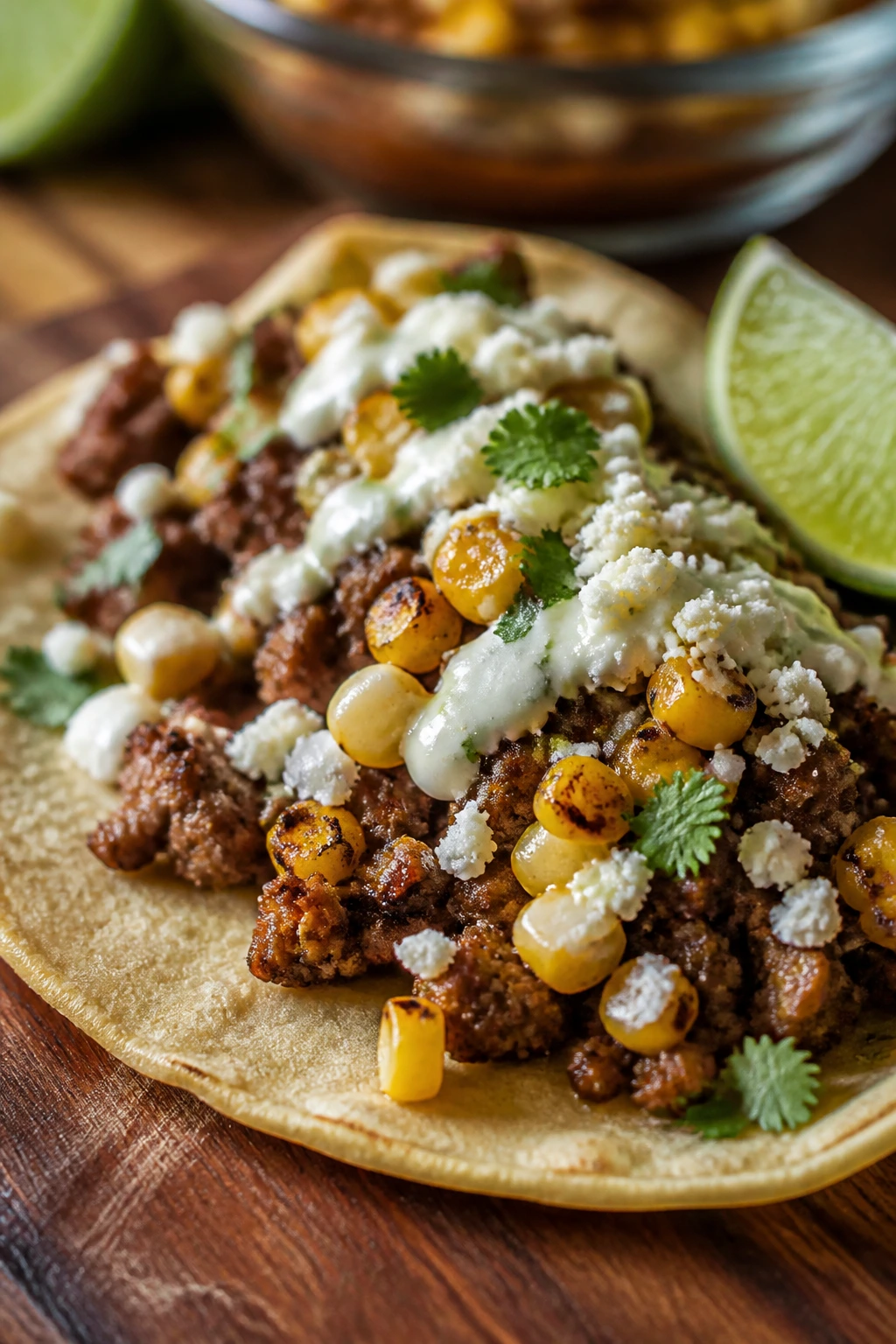 Close-up of Street-Corn Beef Tacos with beef, corn, cotija and lime