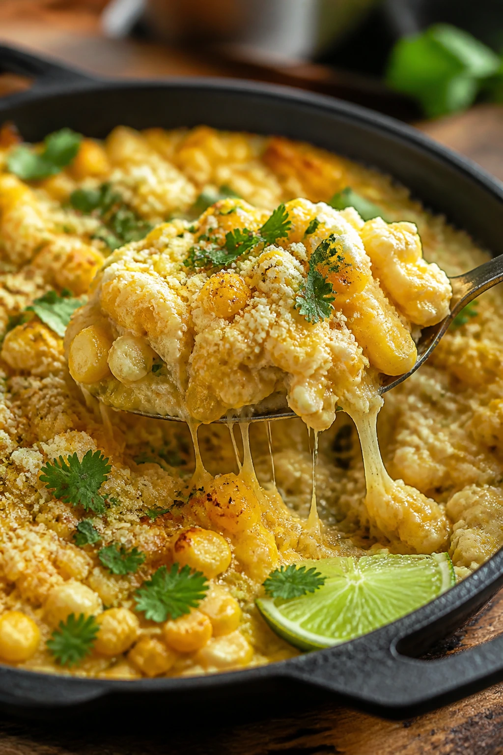 Close-up of corn casserole with cheese and cotija in a cast-iron skillet